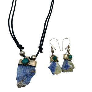 Handmade Natural Sodalite Lapis Lazuli Necklace and Earrings Set with Black Cord